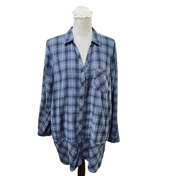 J. Jill Mixed Tartan Plaid Button Down Tunic Shirt 100% Cotton Blue Size XL - Picture 2 of 13